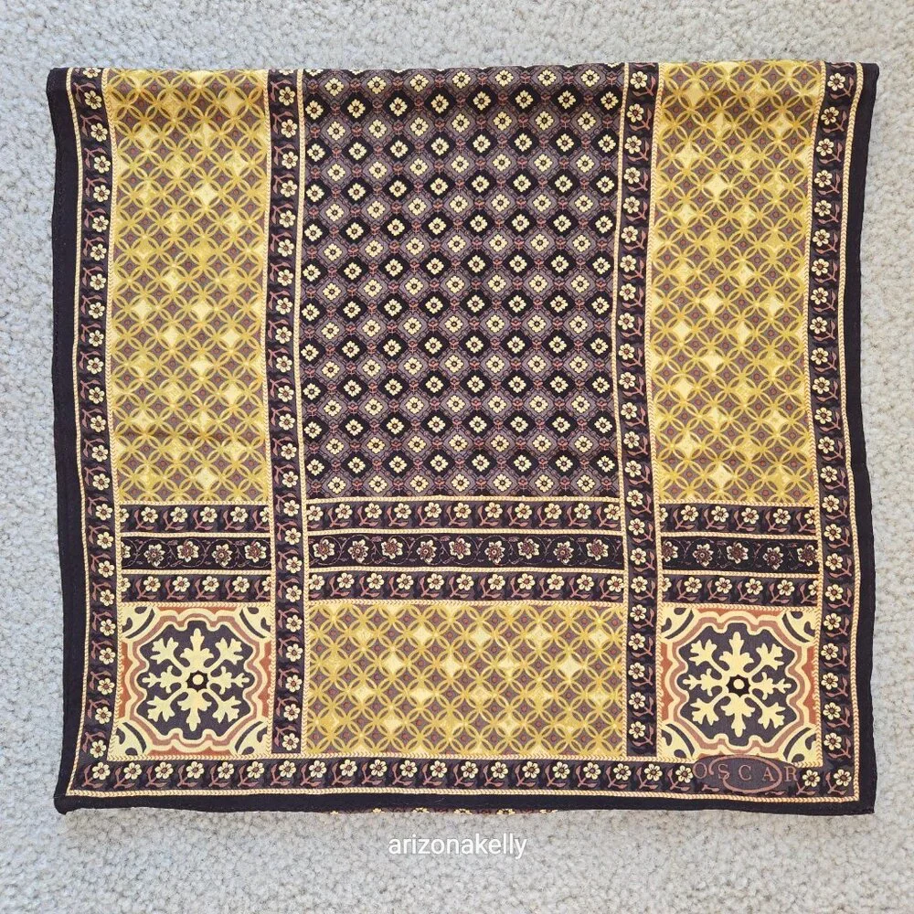 Unused Oscar de la Renta Silk Oblong Scarf Yellow Brown Flowers - Picture 15 of 15